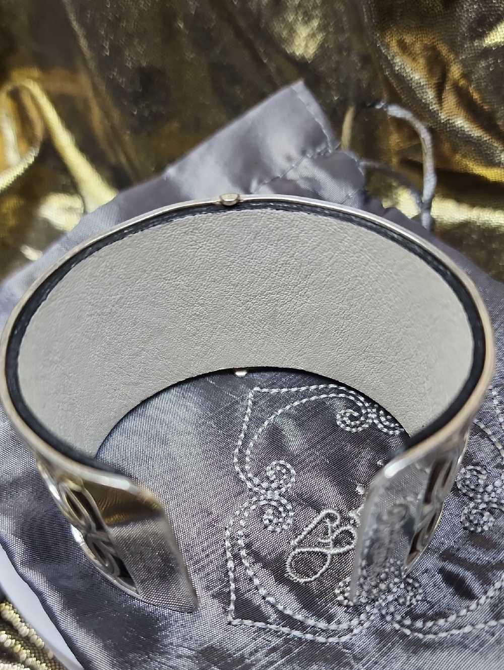 Brighton Silver-Tone Black Leather Floral Cuff Bracelet With Gray Brighton Bag - Picture 7 of 11